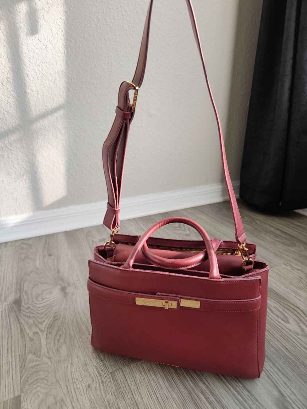 Anne Klein Structured Top Handle Satchel – Burgundy with Gold Hardware